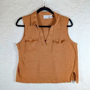 341-Nicole Miller Tan 💯 Linen Sleeveless Blouse